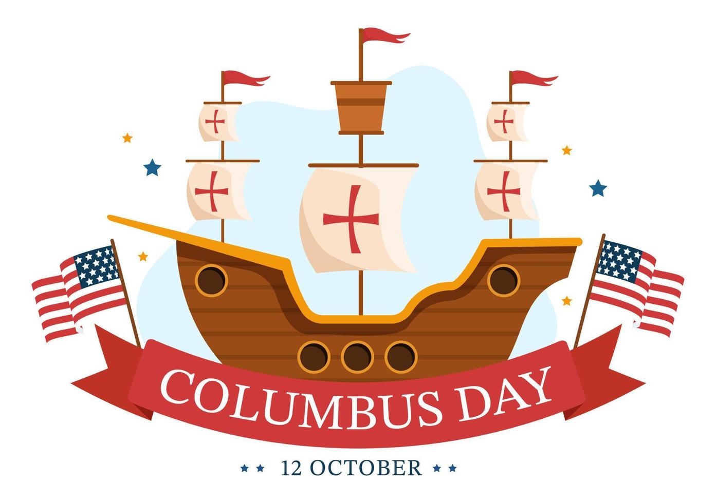 feliz día de la raza, fiesta nacional, ilustración de dibujos animados dibujados a mano con ondas azules, brújula, barco y banderas de estados unidos en un fondo de estilo plano vector
