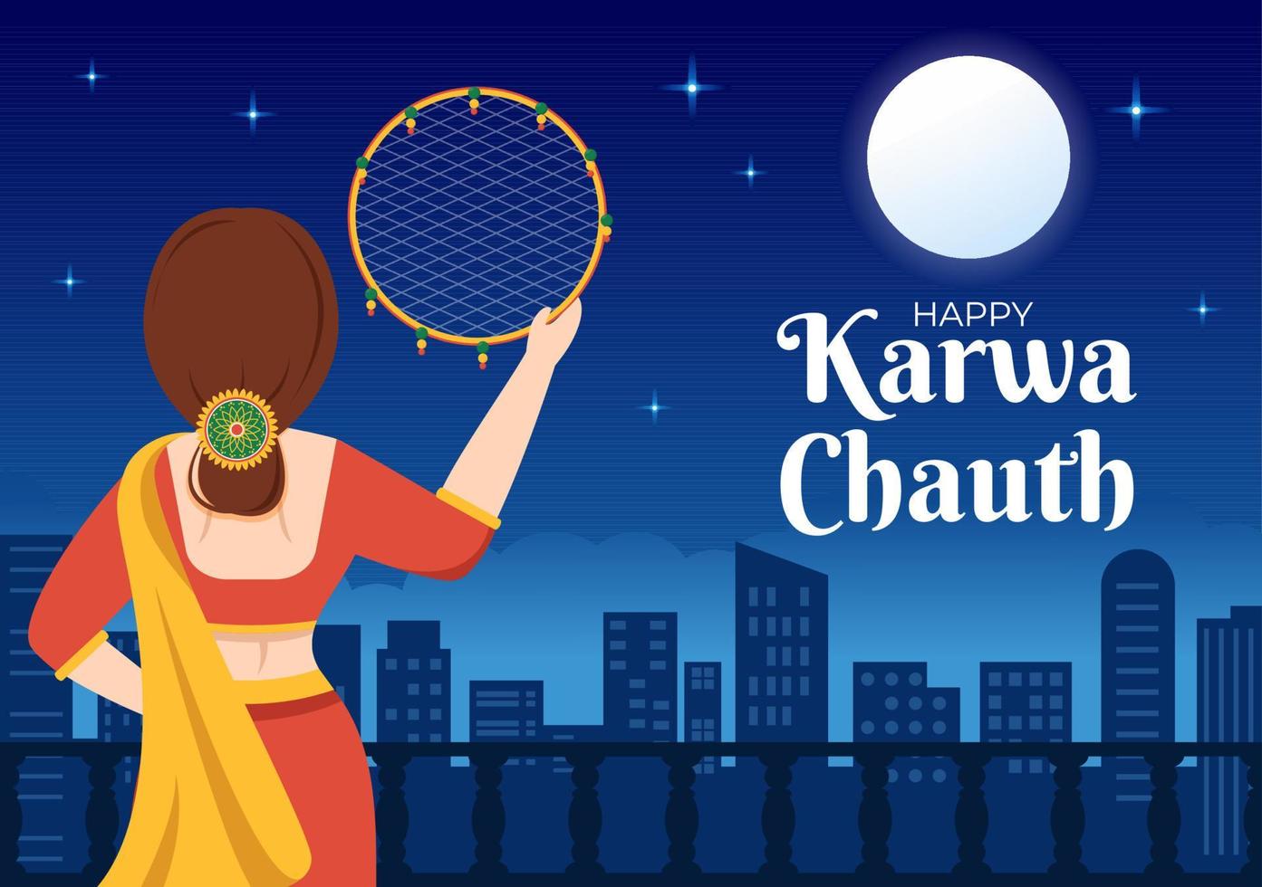 Karwa Chauth Festival Hand Drawn Flat Cartoon Illustration to Start the New Moon by Seeing the Moonrise in November From Wives for Their Husbands vector