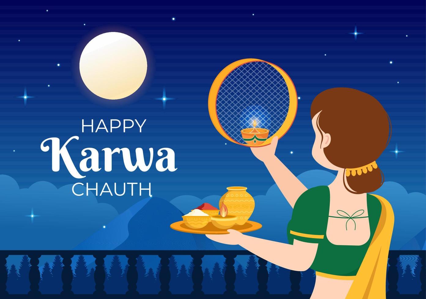 ilustración de dibujos animados plana dibujada a mano del festival karwa chauth para comenzar la luna nueva al ver la salida de la luna en noviembre de esposas para sus esposos vector