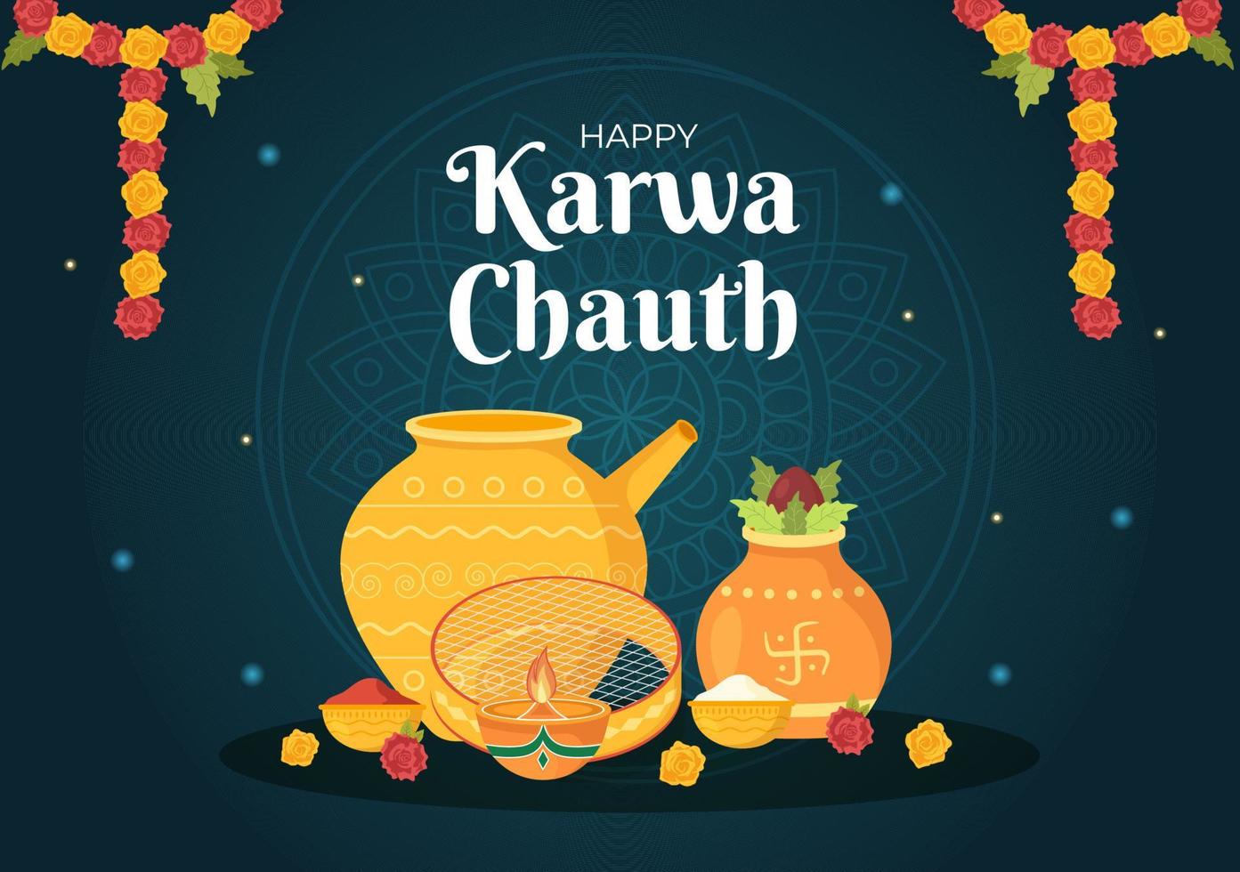ilustración de dibujos animados plana dibujada a mano del festival karwa chauth para comenzar la luna nueva al ver la salida de la luna en noviembre de esposas para sus esposos vector