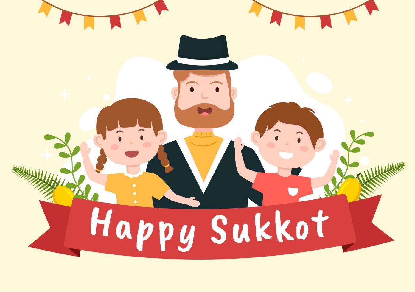 Happy Jewish Holiday Sukkot Hand Drawn Cartoon Flat Illustration with sukkah, etrog, lulav, Arava, Hadas and Decoration Background Design vector