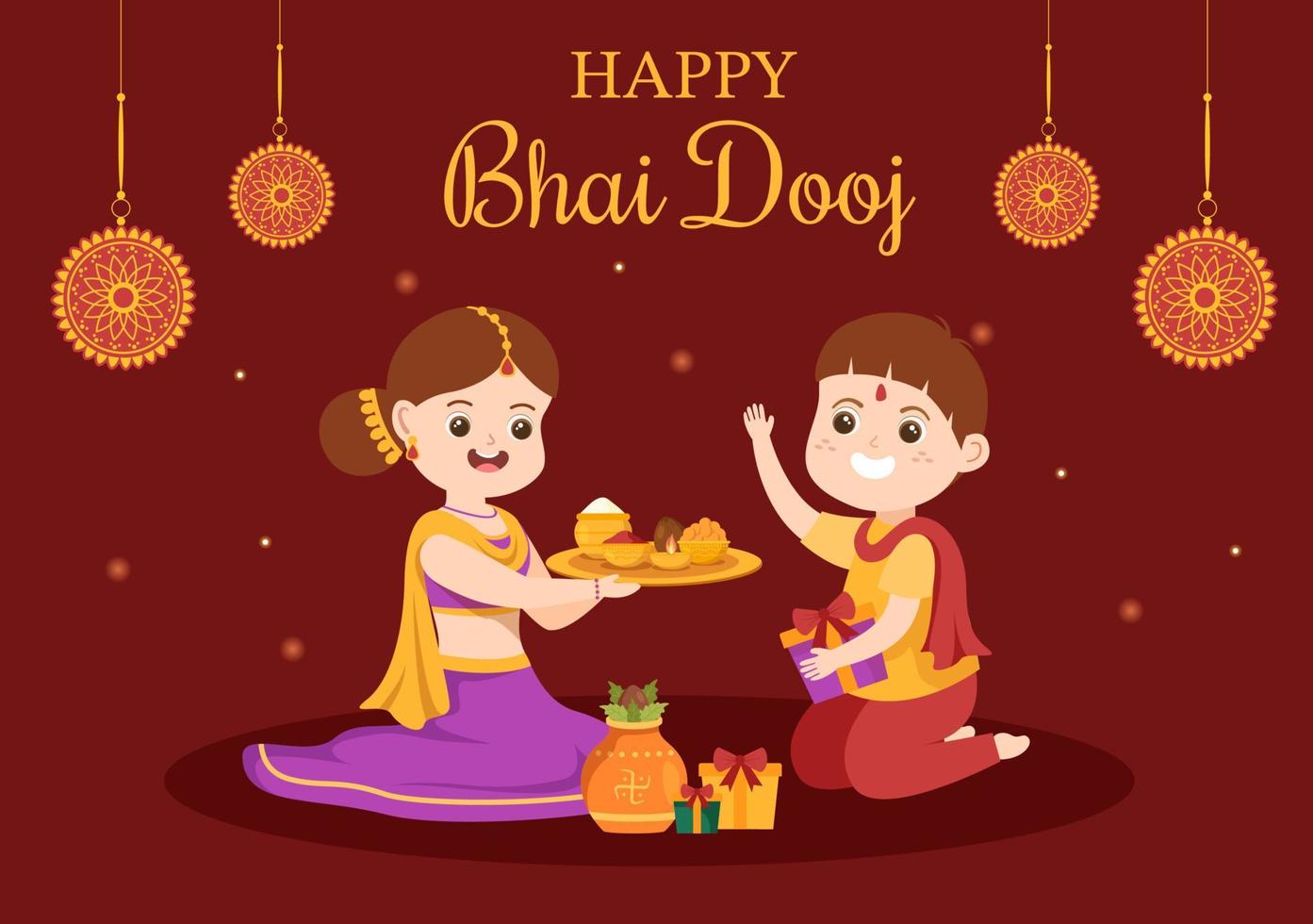 feliz celebración del festival indio bhai dooj ilustración de dibujos animados dibujados a mano de hermanas rezan por la protección de los hermanos con un punto en la frente vector