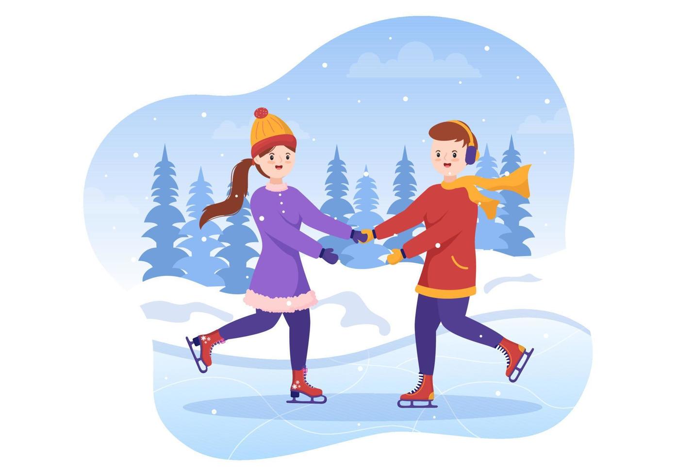 Ice Skating Hand Drawn Cartoon Flat Illustration of Winter Fun Outdoors Sport Activities on Ice Rink with Seasonal Outerwear vector