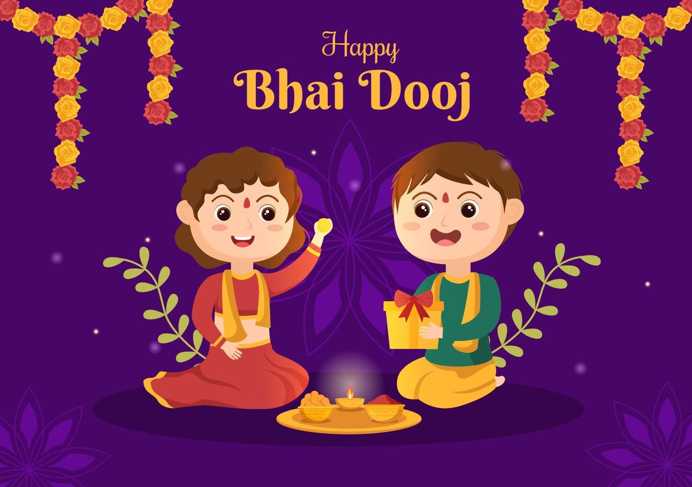 feliz celebración del festival indio bhai dooj ilustración de dibujos animados dibujados a mano de hermanas rezan por la protección de los hermanos con un punto en la frente vector