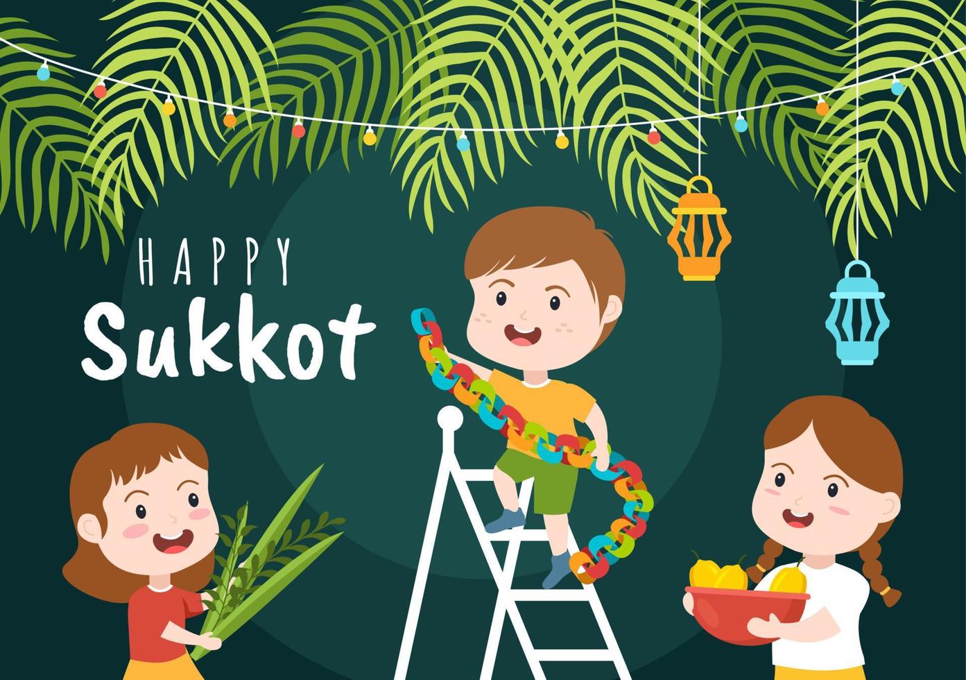 feliz festividad judía sukkot ilustración plana de dibujos animados dibujados a mano con sukkah, etrog, lulav, arava, hadas y diseño de fondo de decoración vector