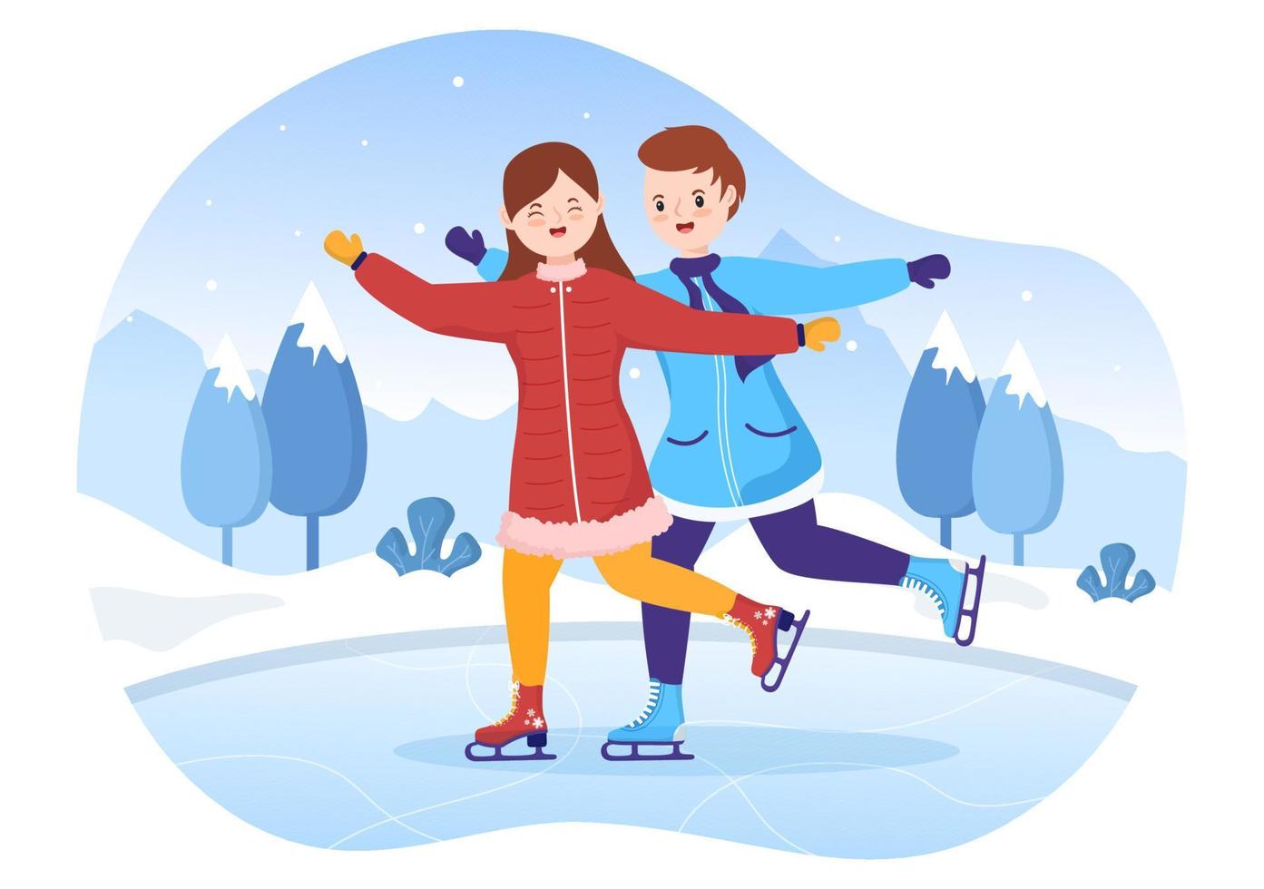 patinaje sobre hielo dibujos animados dibujados a mano ilustración plana de diversión invernal actividades deportivas al aire libre en pista de hielo con ropa de abrigo de temporada vector