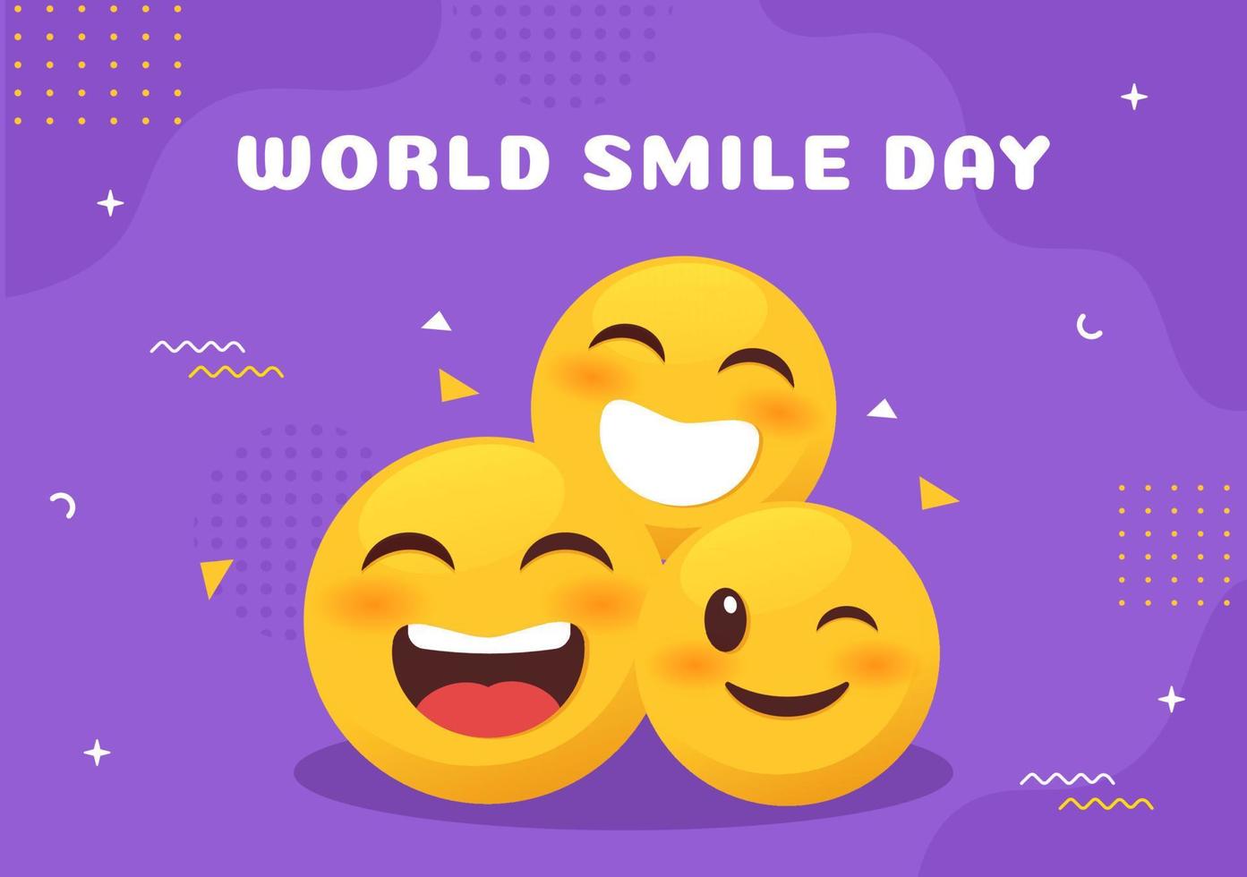 ilustración de dibujos animados dibujados a mano del día mundial de la sonrisa con expresión sonriente y cara de felicidad en un fondo de estilo plano vector