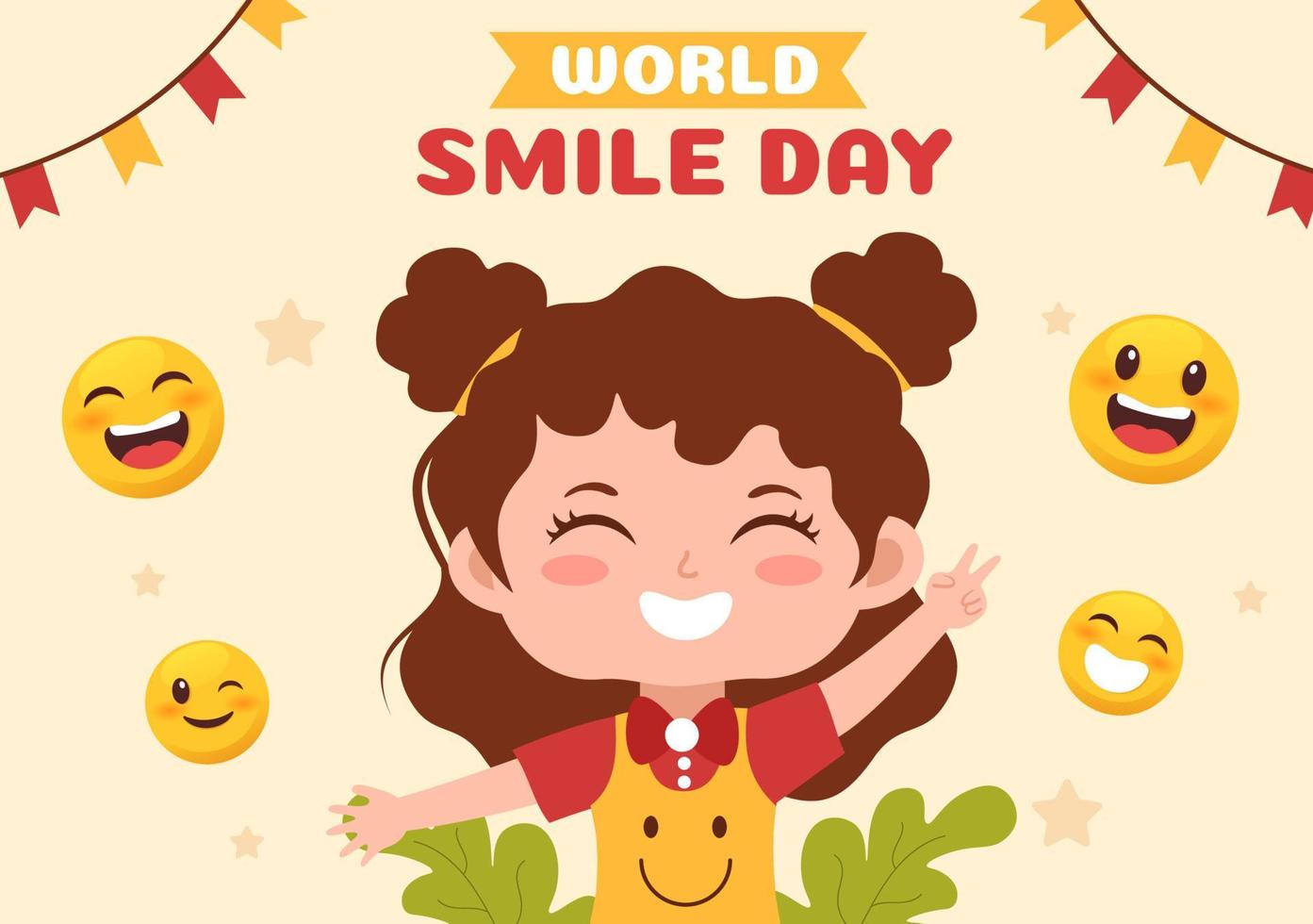 ilustración de dibujos animados dibujados a mano del día mundial de la sonrisa con niños sonrientes y cara de felicidad en un fondo de estilo plano vector