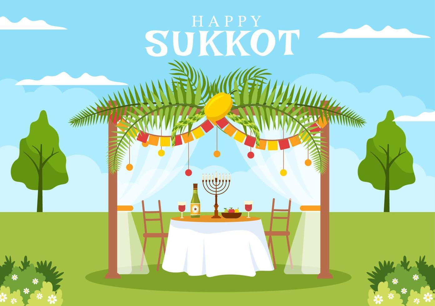 Happy Jewish Holiday Sukkot Hand Drawn Cartoon Flat Illustration with sukkah, etrog, lulav, Arava, Hadas and Decoration Background Design vector