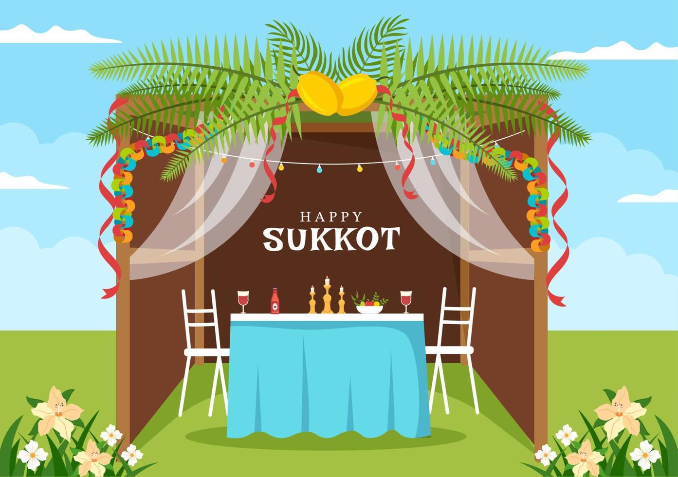 feliz festividad judía sukkot ilustración plana de dibujos animados dibujados a mano con sukkah, etrog, lulav, arava, hadas y diseño de fondo de decoración vector