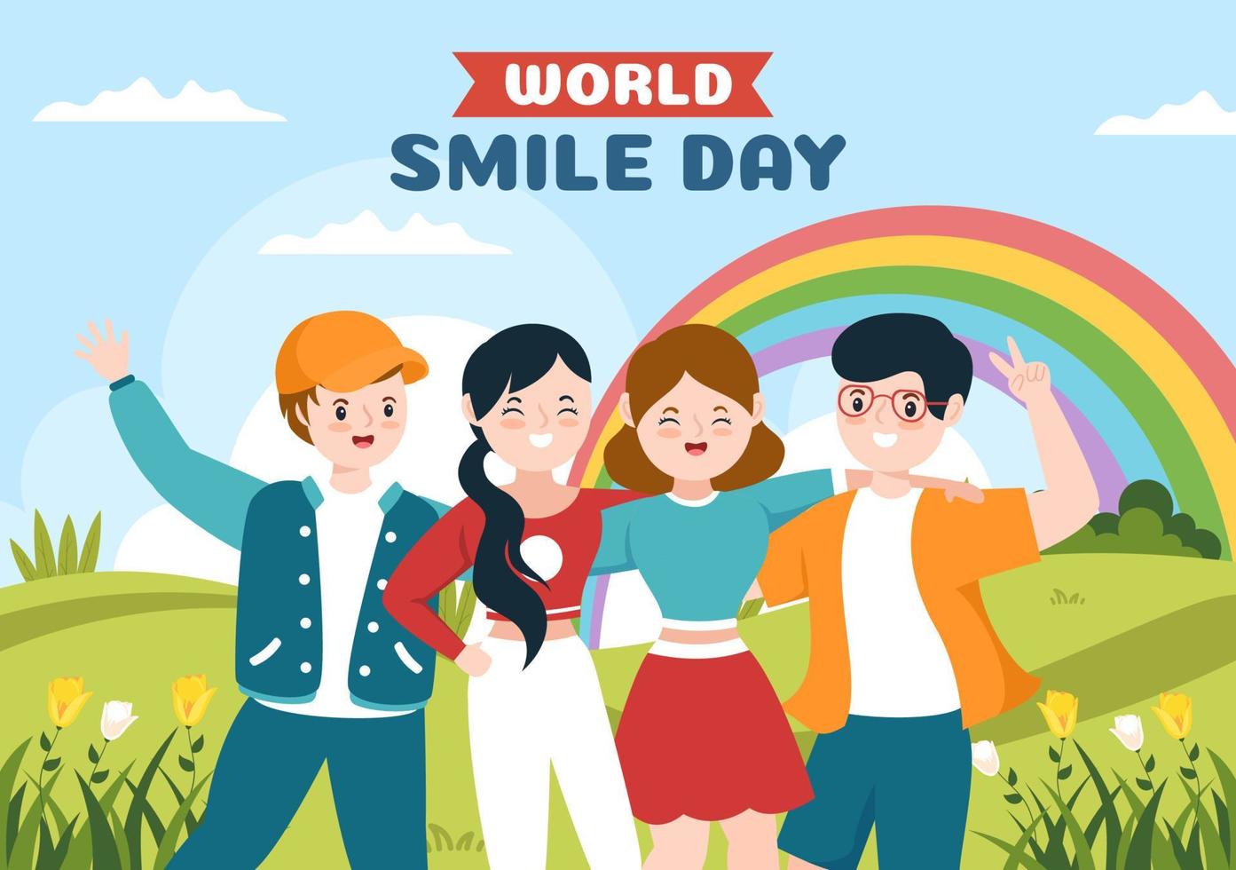 ilustración de dibujos animados dibujados a mano del día mundial de la sonrisa con juventud sonriente y cara de felicidad en un fondo de estilo plano vector