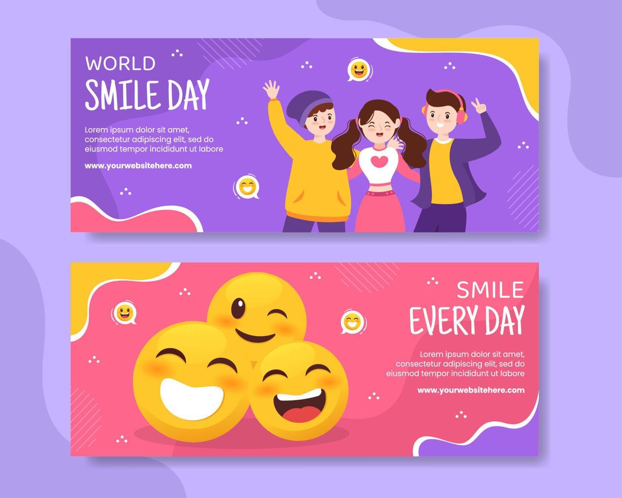 plantilla de banner horizontal del día mundial de la sonrisa ilustración plana de dibujos animados dibujados a mano vector