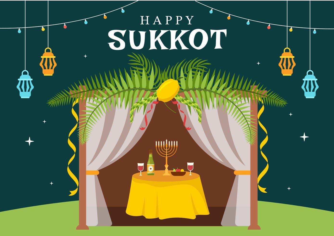 feliz festividad judía sukkot ilustración plana de dibujos animados dibujados a mano con sukkah, etrog, lulav, arava, hadas y diseño de fondo de decoración vector