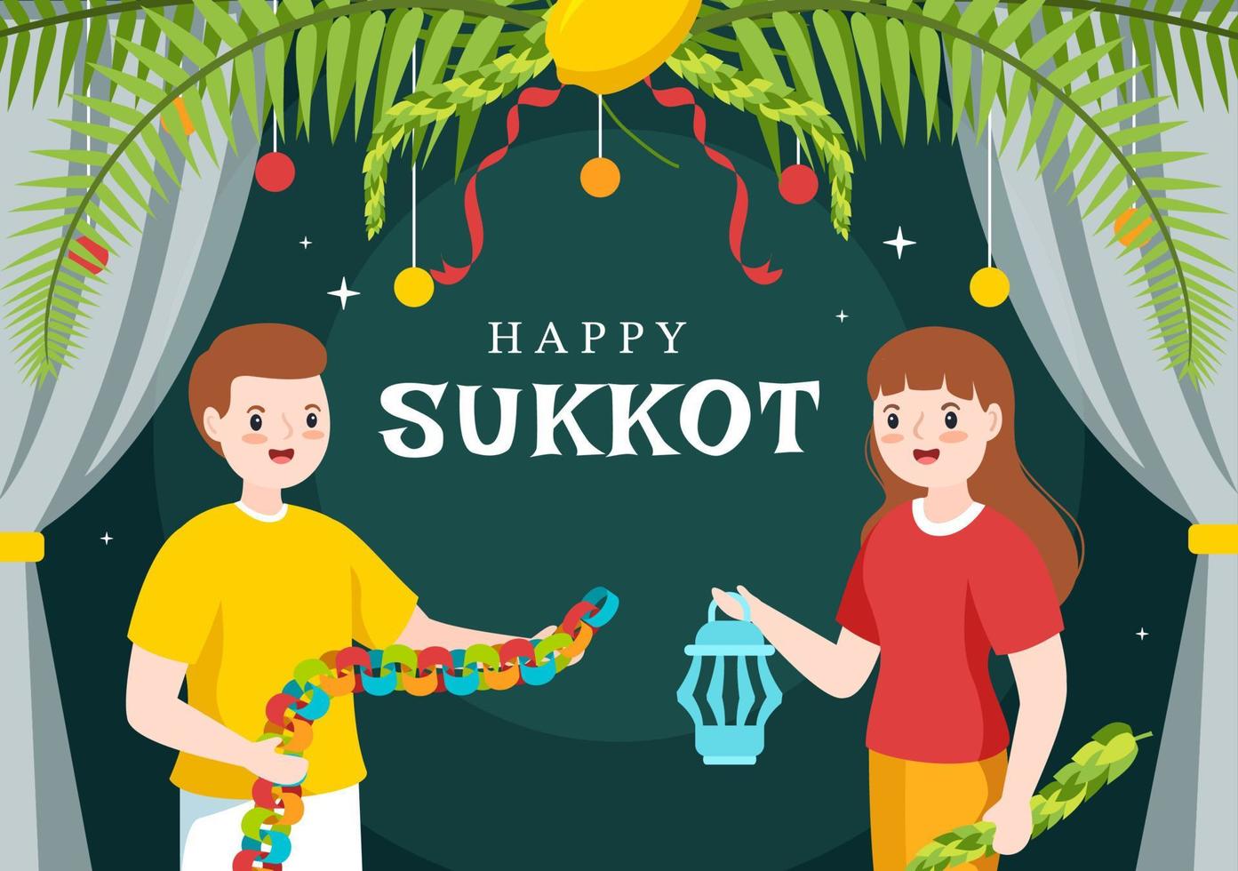 feliz festividad judía sukkot ilustración plana de dibujos animados dibujados a mano con sukkah, etrog, lulav, arava, hadas y diseño de fondo de decoración vector