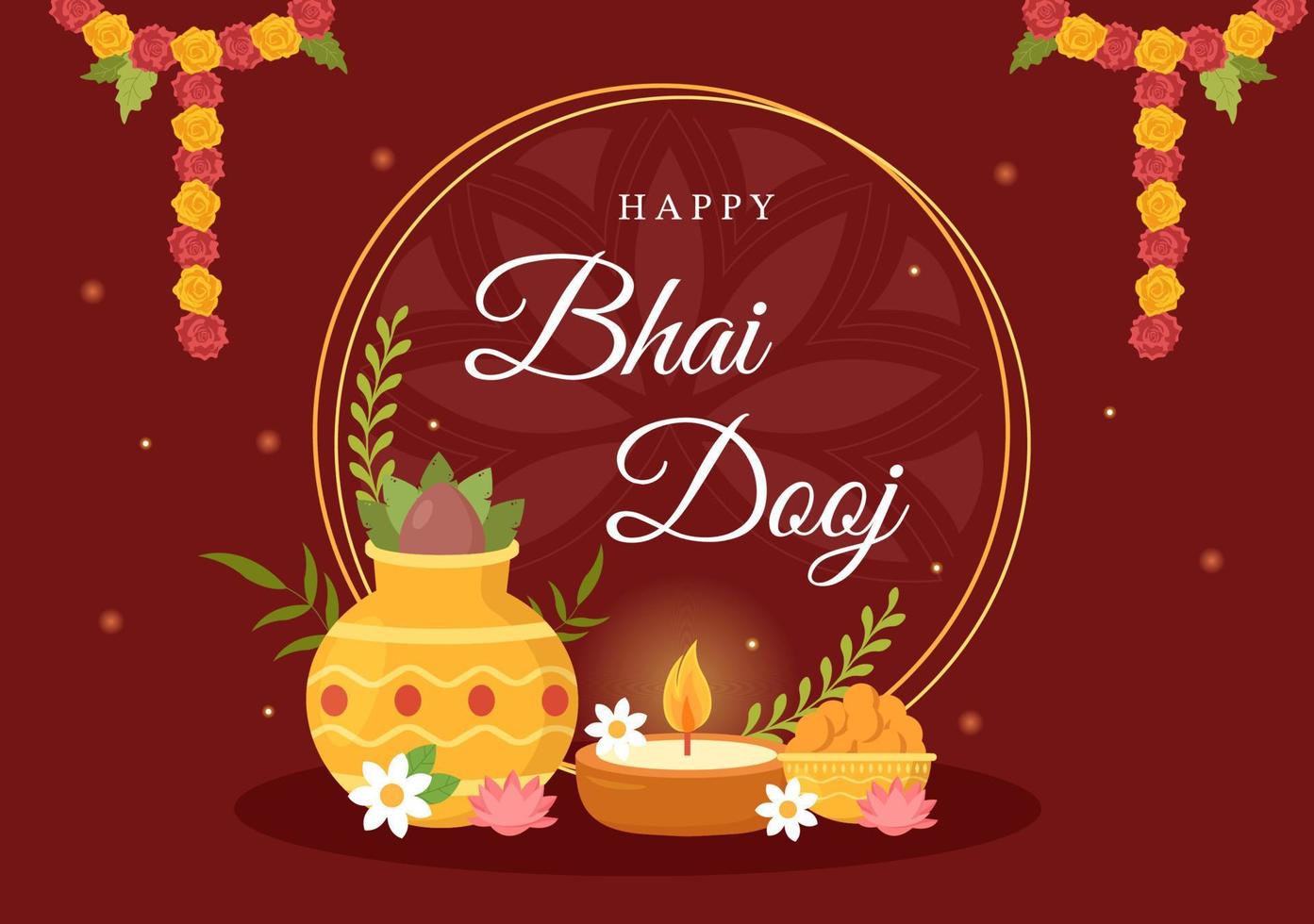 feliz celebración del festival indio bhai dooj ilustración de dibujos animados dibujados a mano de hermanas rezan por la protección de los hermanos con un punto en la frente vector