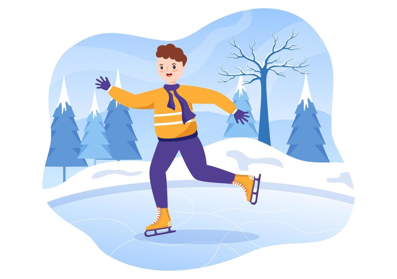 patinaje sobre hielo dibujos animados dibujados a mano ilustración plana de diversión invernal actividades deportivas al aire libre en pista de hielo con ropa de abrigo de temporada vector
