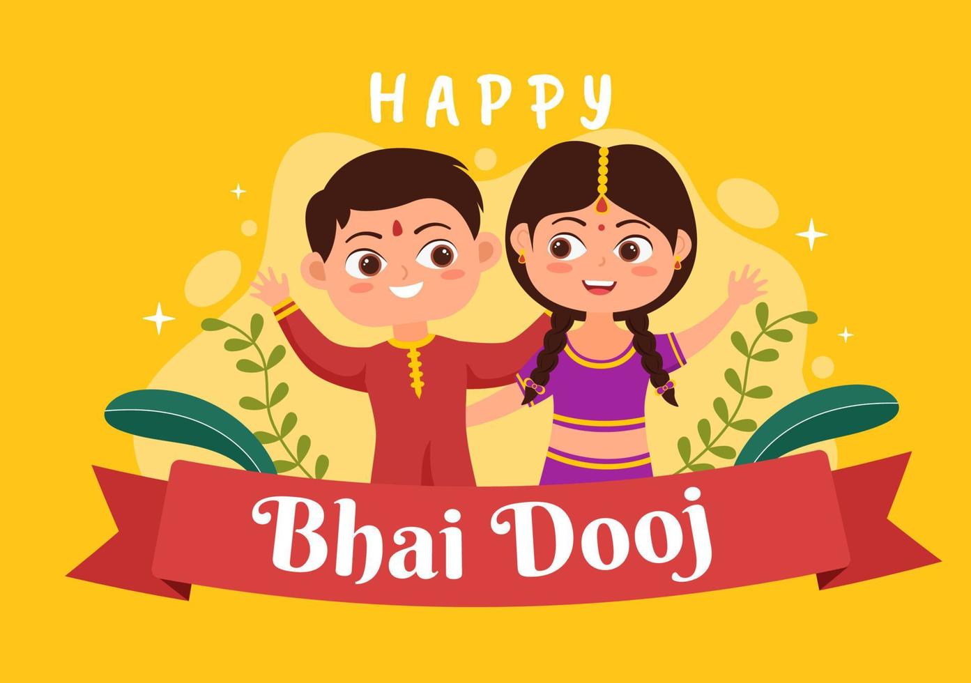 Happy Bhai Dooj Indian Festival Celebration Hand Drawn Cartoon Illustration of Sisters Pray for Brothers Protection with a Dot on His Forehead vector