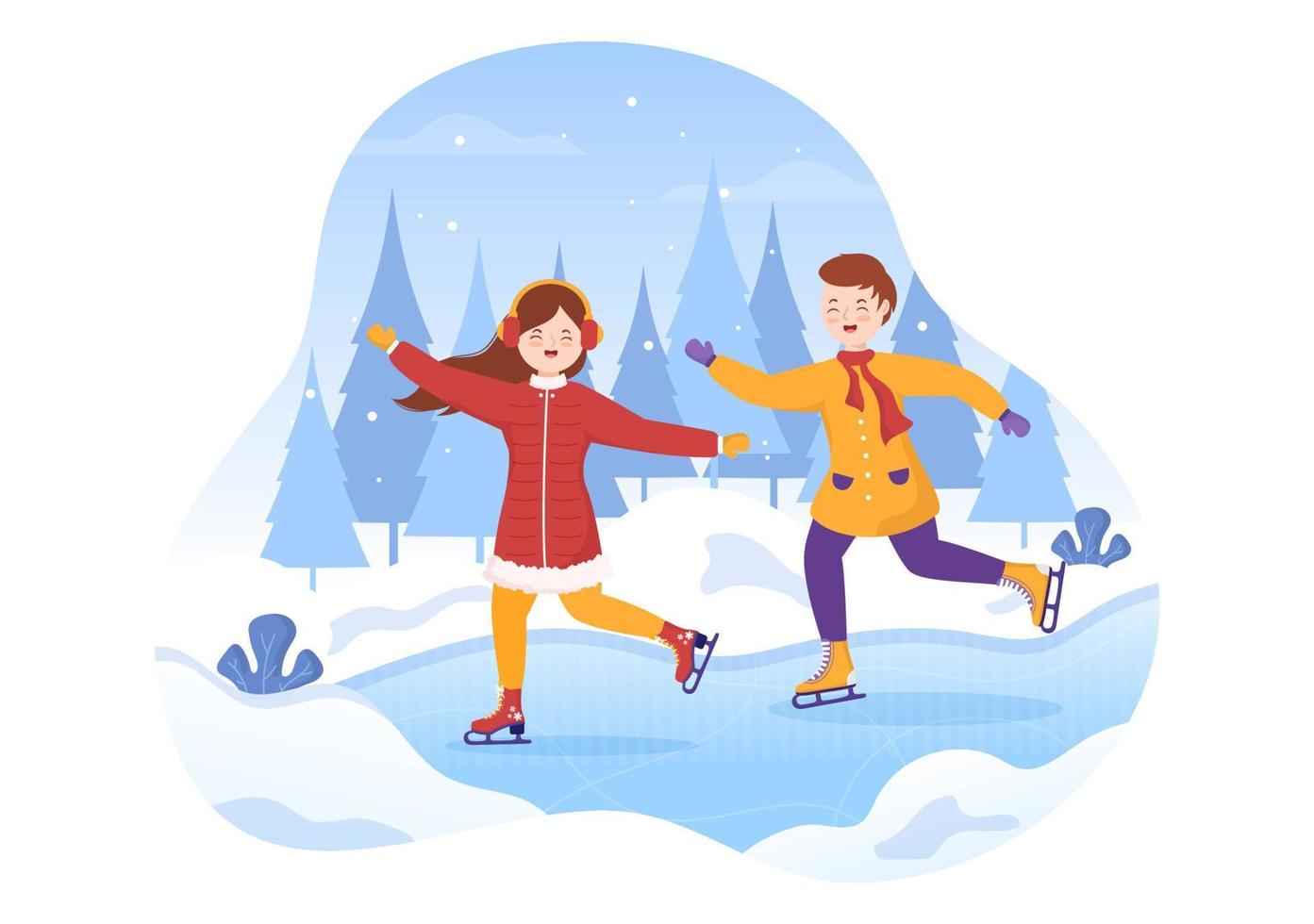 Ice Skating Hand Drawn Cartoon Flat Illustration of Winter Fun Outdoors