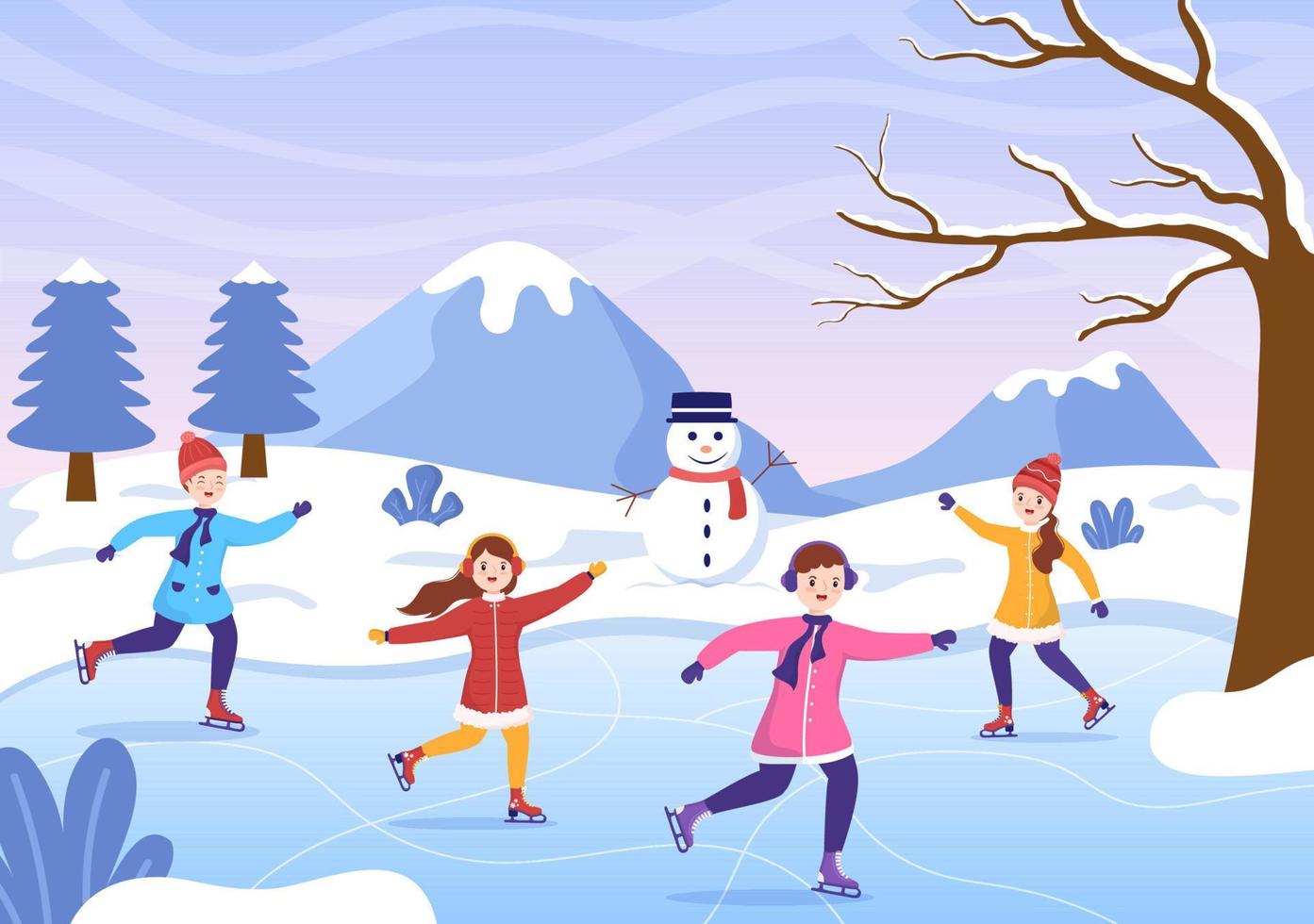 patinaje sobre hielo dibujos animados dibujados a mano ilustración plana de diversión invernal actividades deportivas al aire libre en pista de hielo con ropa de abrigo de temporada vector