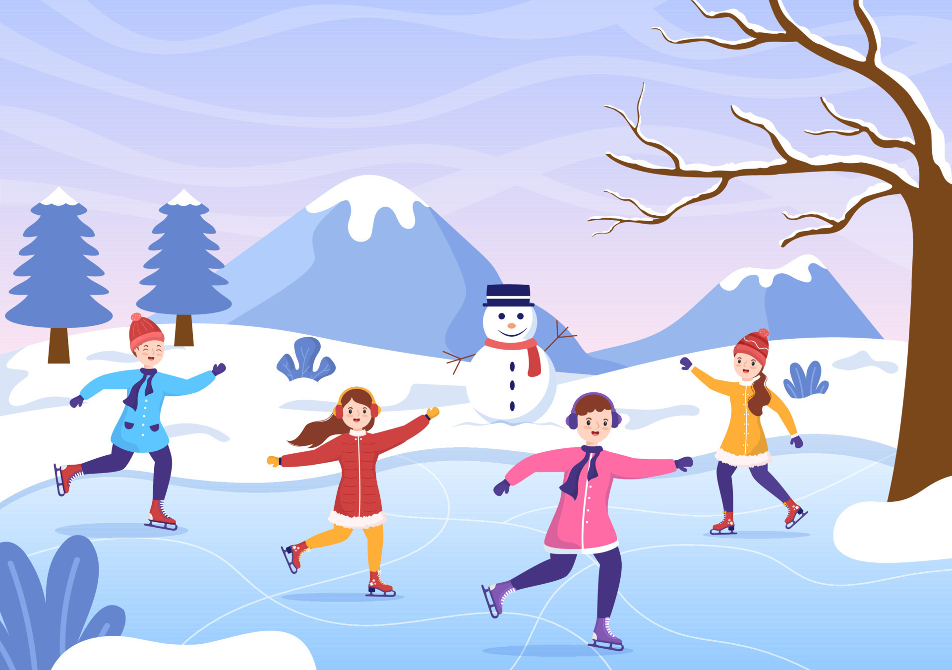 Ice Skating Hand Drawn Cartoon Flat Illustration of Winter Fun Outdoors