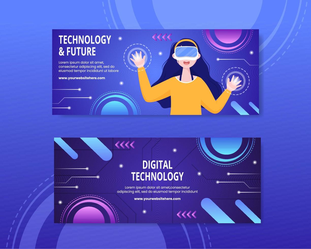 Technology Horizontal Banner Template Hand Drawn Cartoon Flat Illustration vector