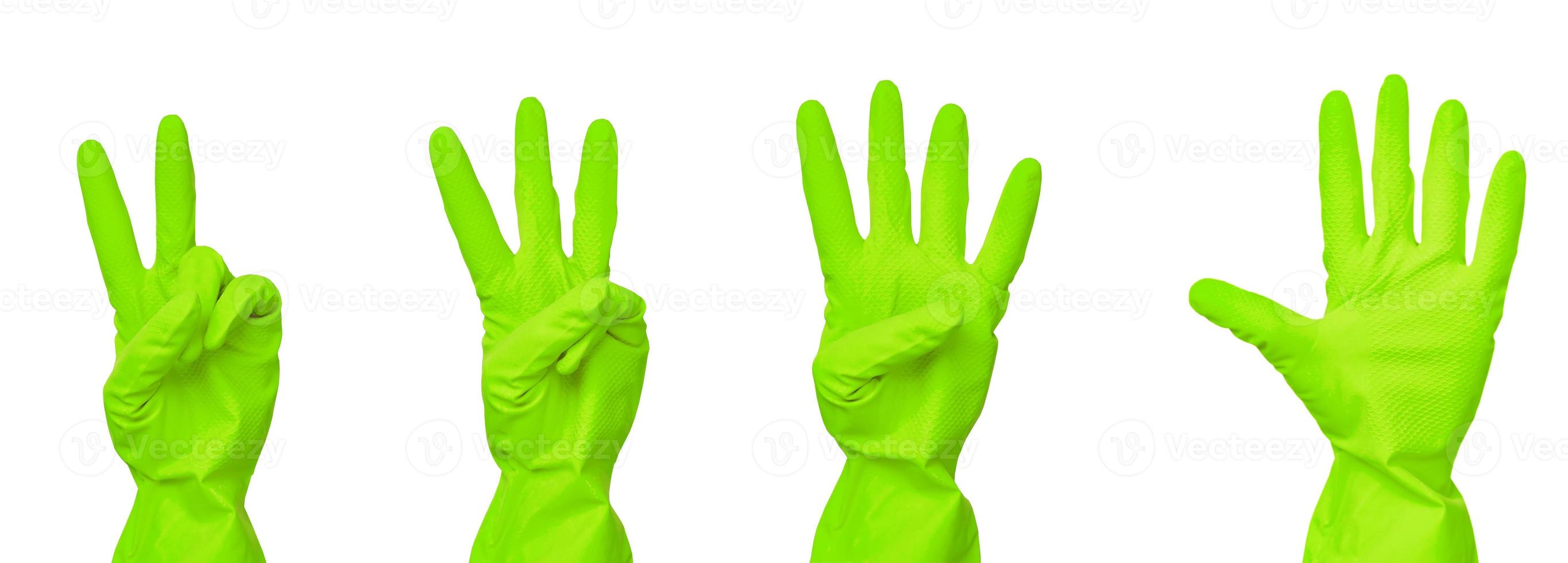 Hand in green rubber gloves shows numbers from two to five isolated on white background. Collage photo