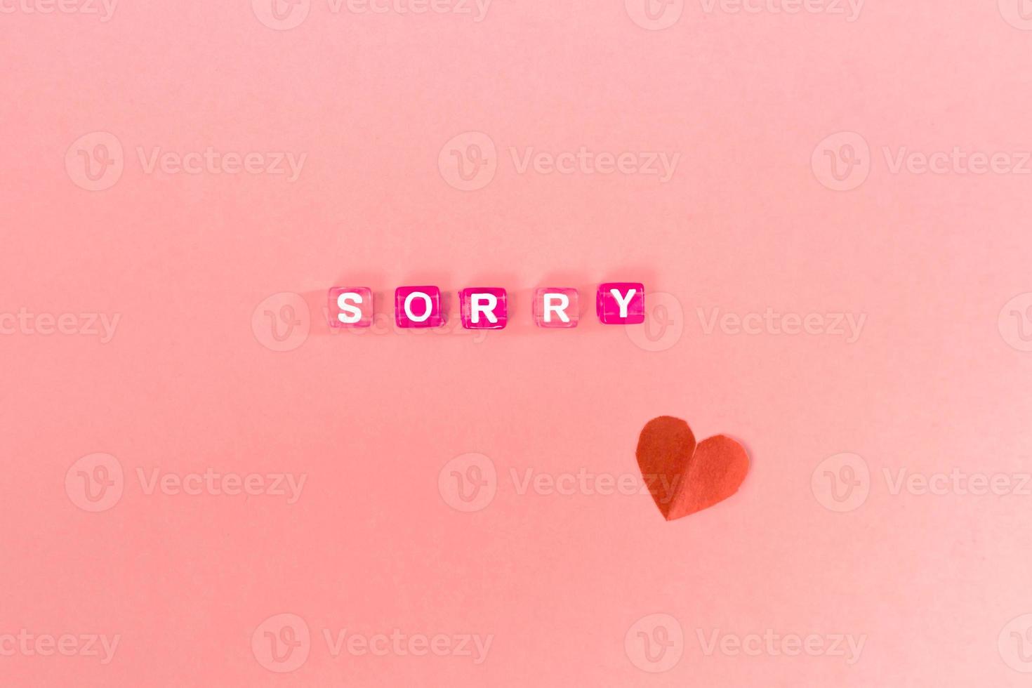 sorry  inscription made of colorful cube beads with letters. Festive pink background concept with copy space photo