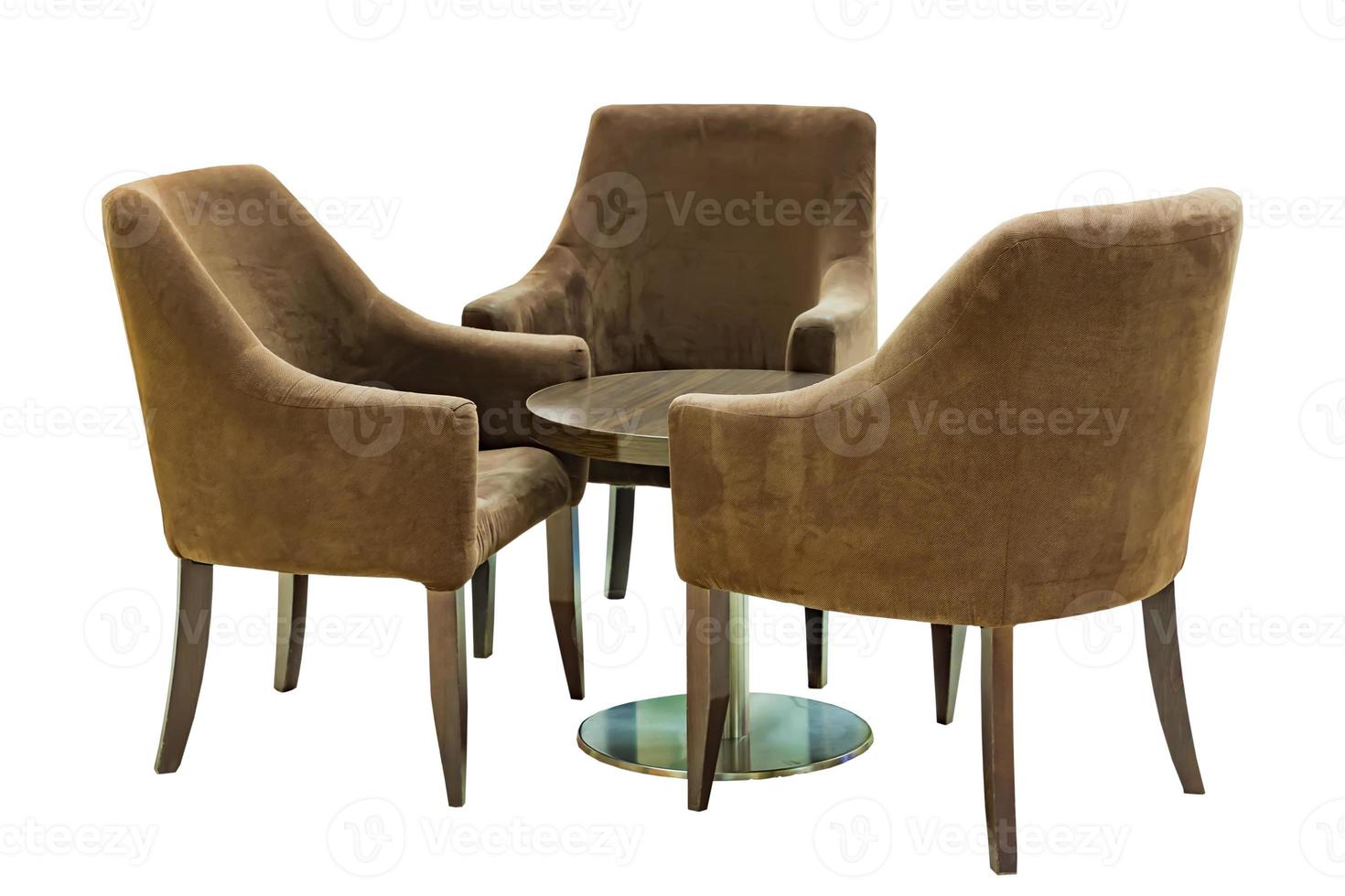 Set of vintage furniture idolated on white background. Three wooden and welvet armchairs and round laquered chair. photo