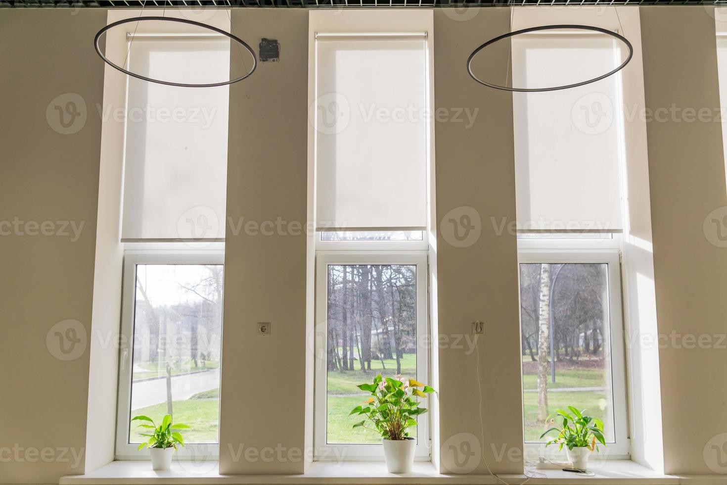 Inside view to the windows with potted flowers on window sill. photo