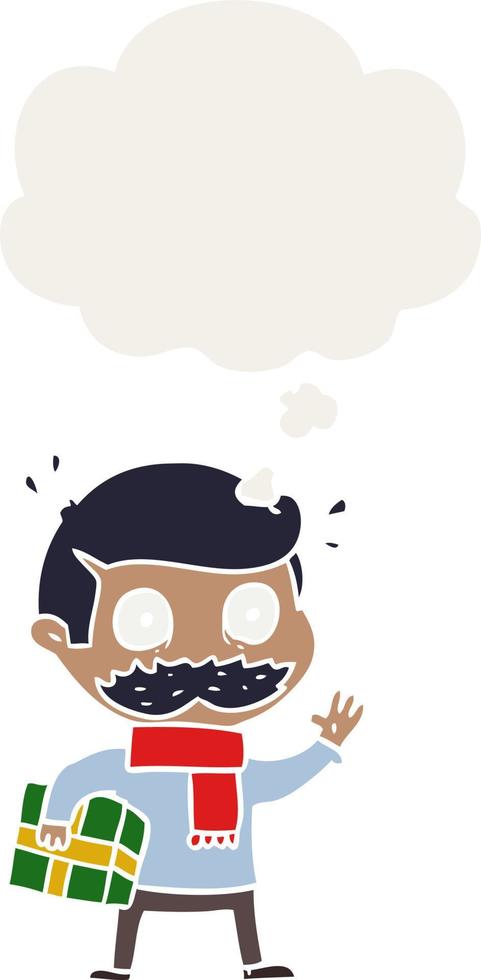 caricaturista con bigote y regalo de navidad y burbuja de pensamiento al estilo retro vector