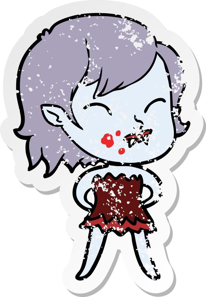 pegatina angustiada de una chica vampiro de dibujos animados con sangre en la mejilla vector