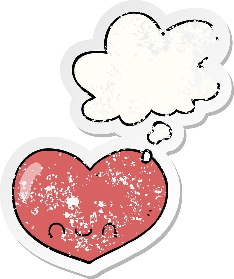 cartoon love heart character and thought bubble as a distressed worn sticker vector