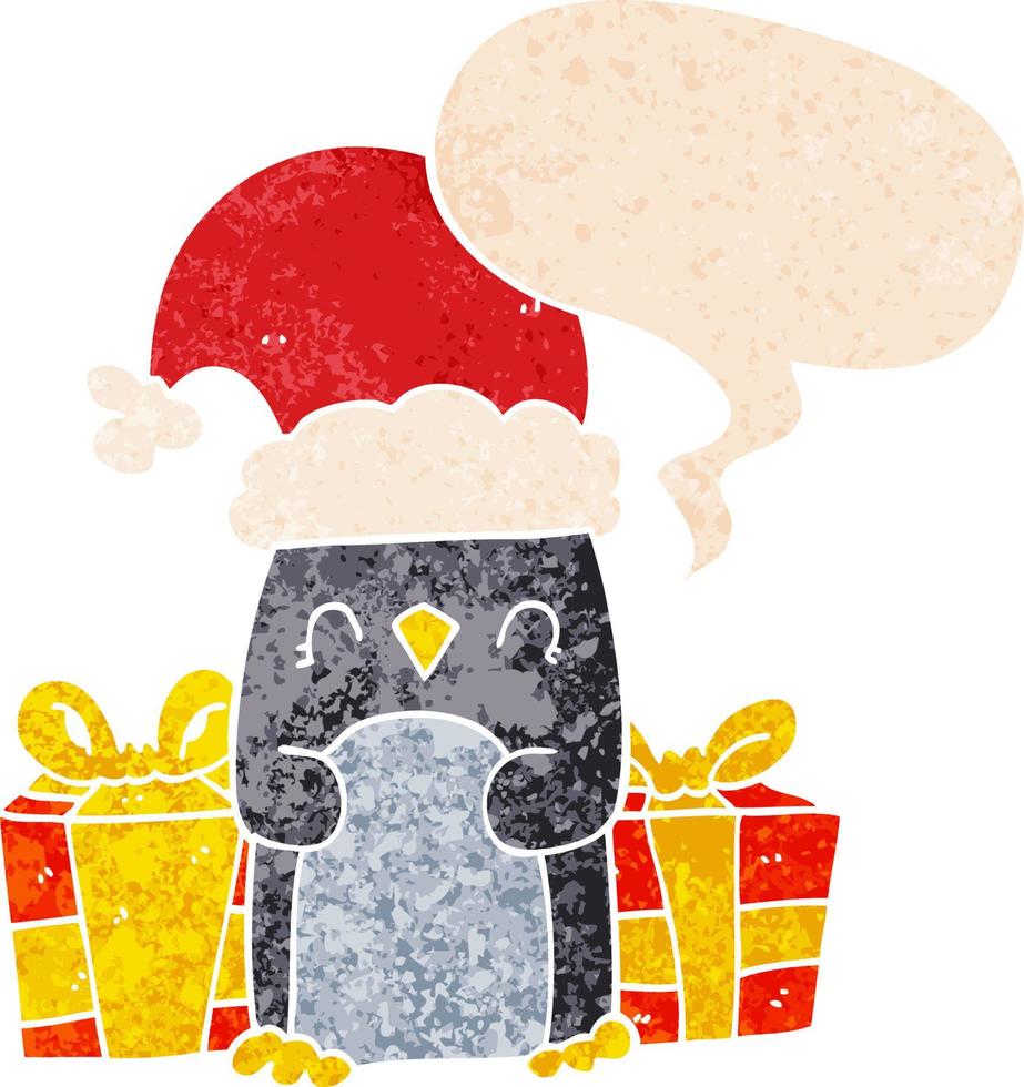 lindo pingüino navideño y burbuja de habla en estilo retro texturizado vector