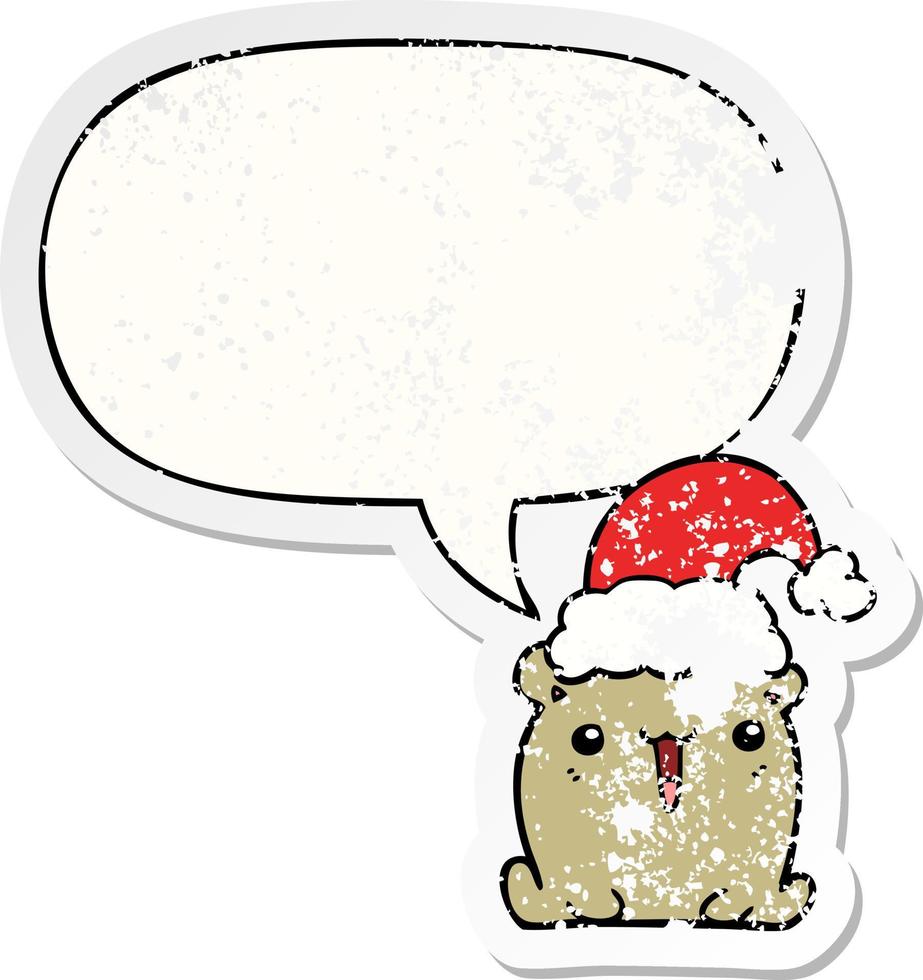 cute cartoon bear and christmas hat and speech bubble distressed sticker vector