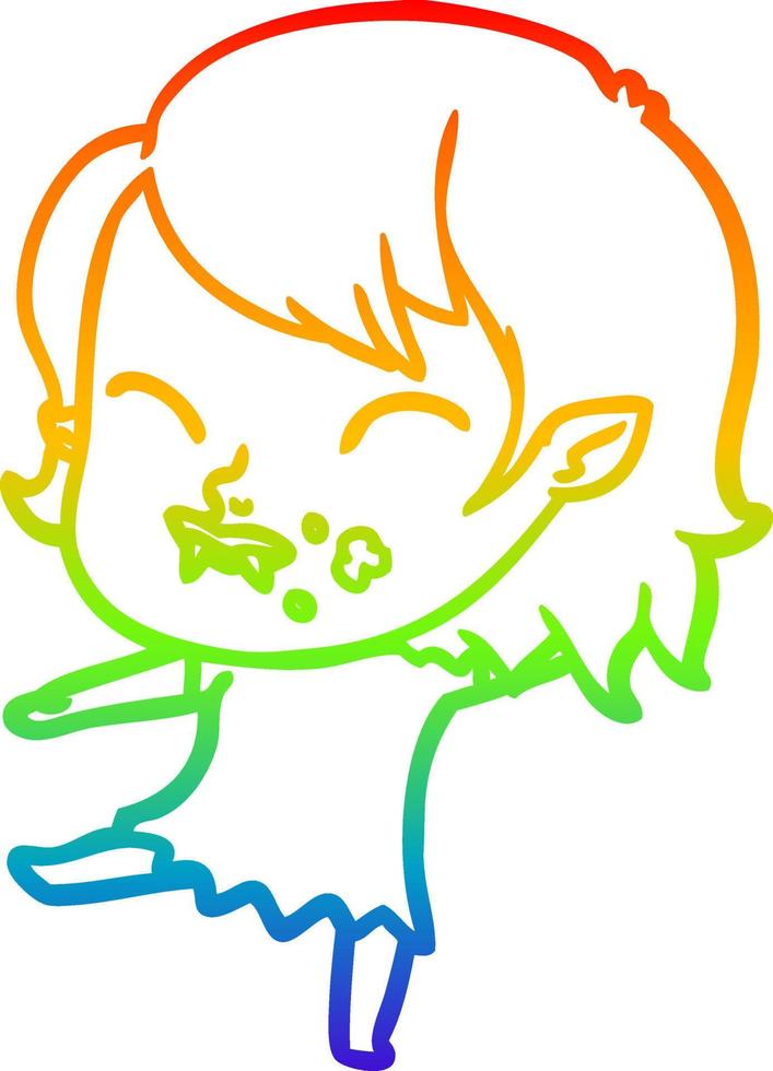 rainbow gradient line drawing cartoon vampire girl with blood on cheek vector