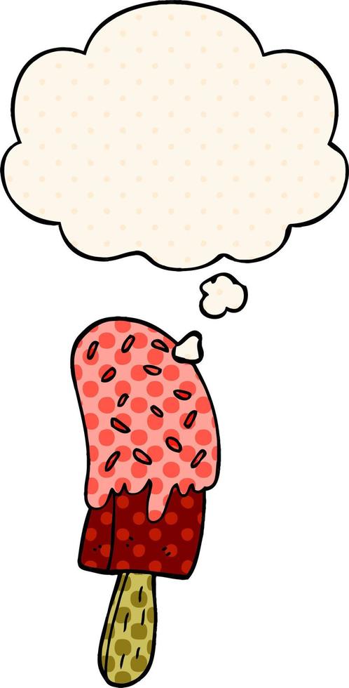 cartoon ice cream lolly and thought bubble in comic book style vector