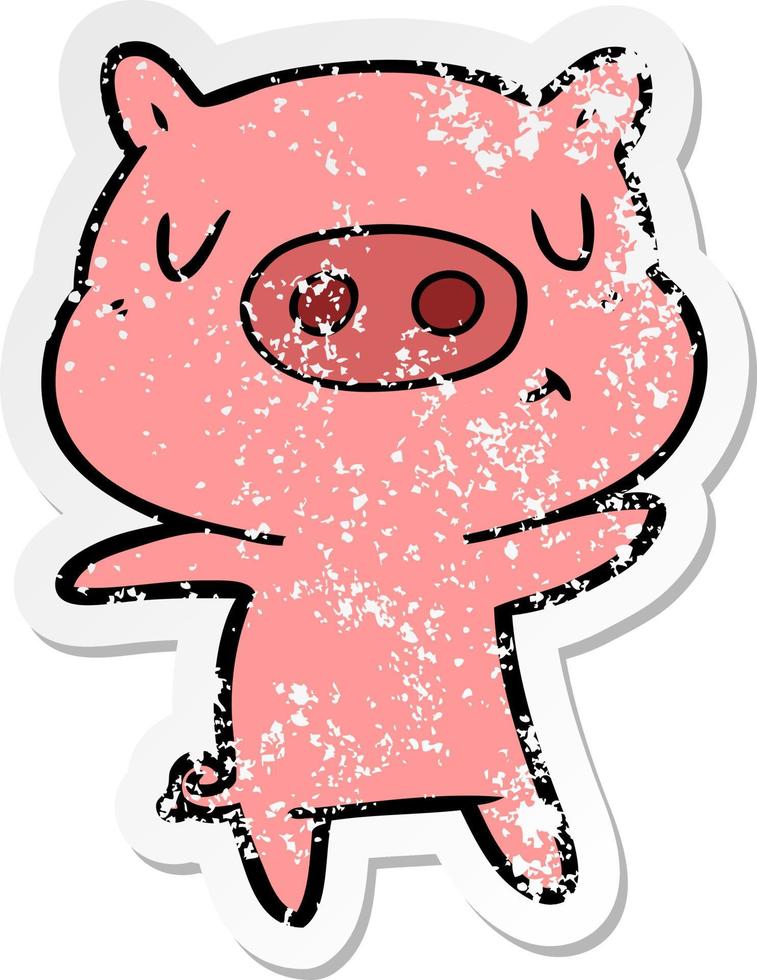 distressed sticker of a cartoon content pig vector