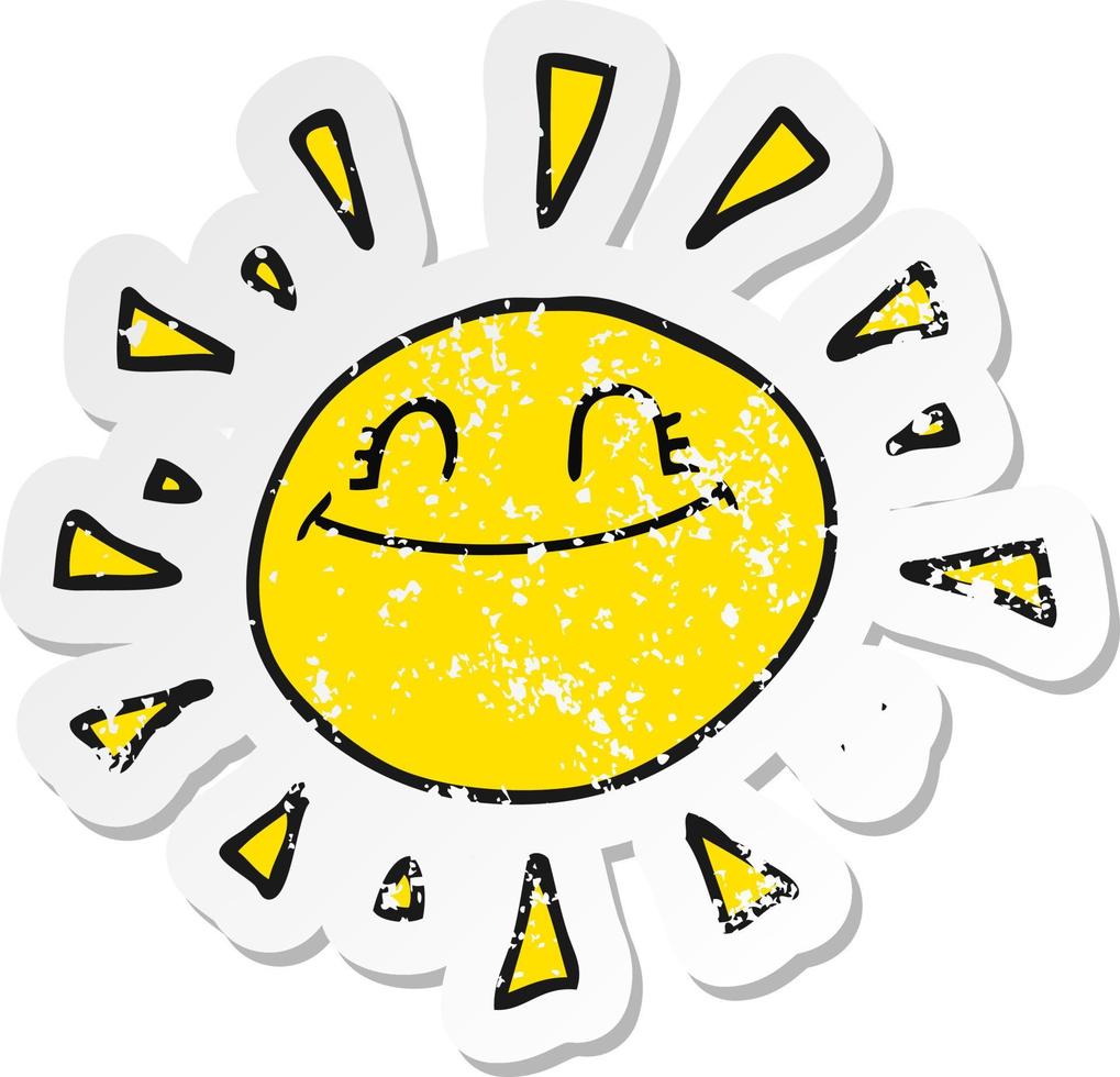 retro distressed sticker of a happy cartoon sun vector