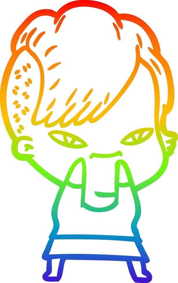 rainbow gradient line drawing cute cartoon girl with hipster haircut vector
