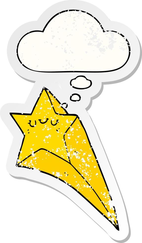 cartoon shooting star and thought bubble as a distressed worn sticker vector