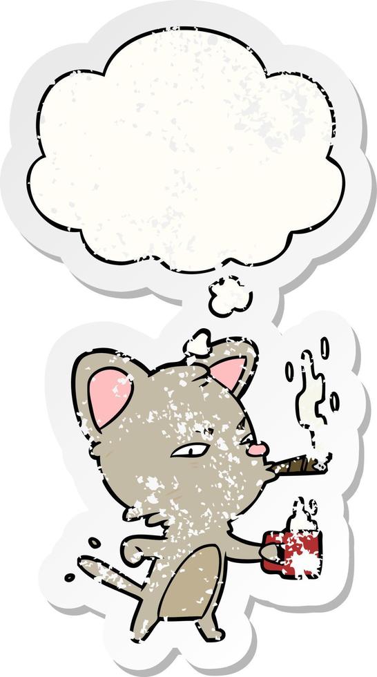 cartoon cat with coffee and cigar and thought bubble as a distressed worn sticker vector