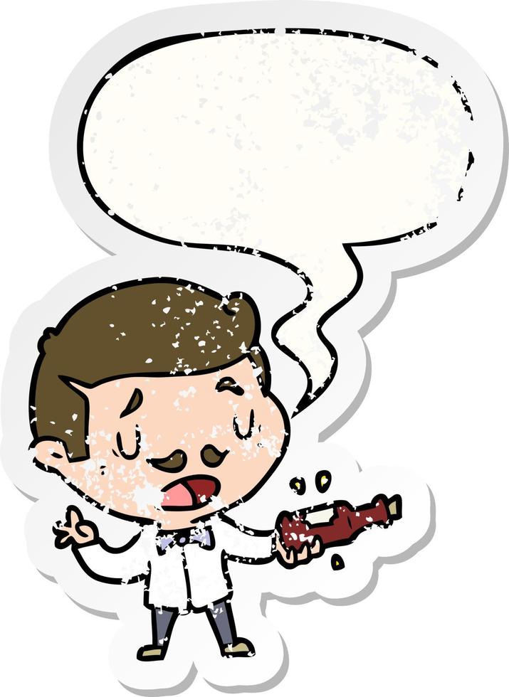 cartoon wine expert explaining and speech bubble distressed sticker vector
