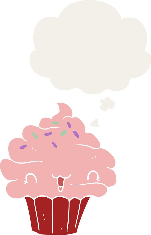 cute cartoon frosted cupcake and thought bubble in retro style vector