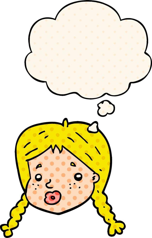 cartoon girls face and thought bubble in comic book style vector