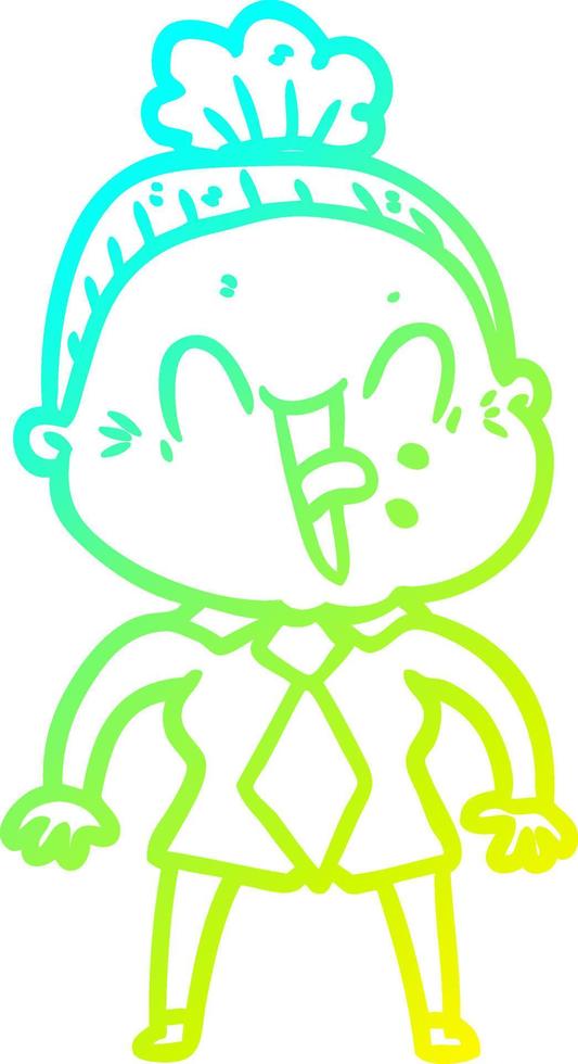 cold gradient line drawing cartoon happy old woman vector