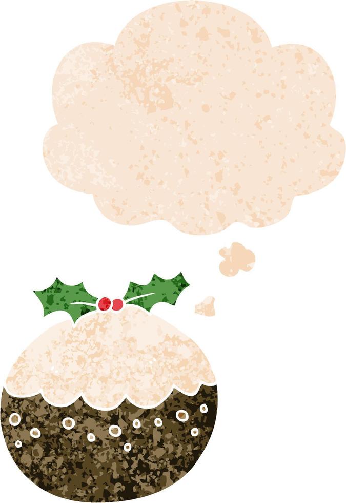 cartoon christmas pudding and thought bubble in retro textured style vector