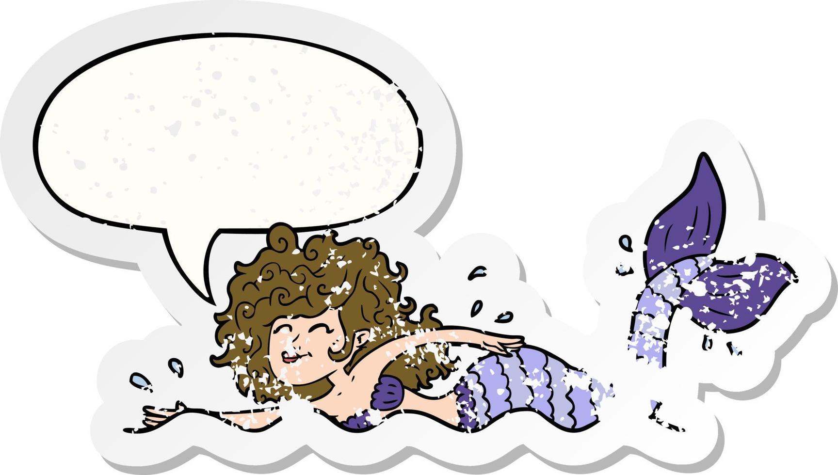 cartoon mermaid and speech bubble distressed sticker vector