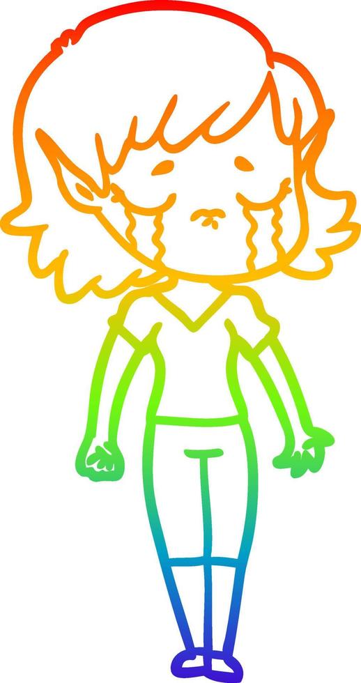 rainbow gradient line drawing crying cartoon elf girl vector