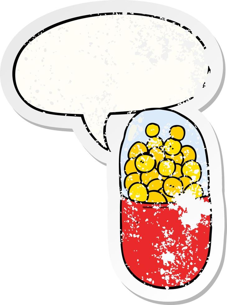 cartoon pill and speech bubble distressed sticker vector