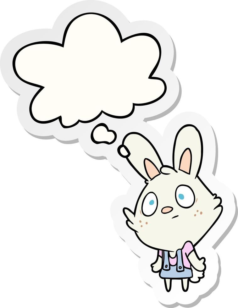 cartoon rabbit shrugging shoulders and thought bubble as a printed sticker vector